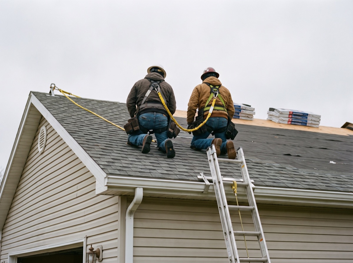 Roofers working on a roof in Dayton